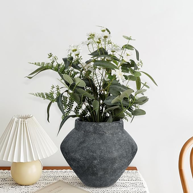 Briful Large Rustic Ceramic Vase with Distressed Finish, 8.2'' Tall Wide-Belly Decorative Flower Vases with Felt Pads, Retro Style Pottery for Home Decor, Table Centerpiece, Black