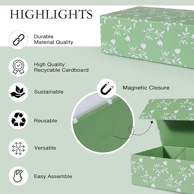 Green Leaves Gift Box with Magnetic Lids 13.8x8.3x4.4 in, Large Bridesmaid Proposal Boxes, Rectangle Wedding Decorative Storage Box 3 Pack
