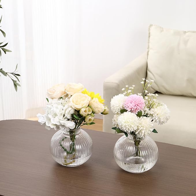 Round Glass Vases, Set of 2 Small Vases for Flowers, Clear Glass Vase for Tulips, Modern Vase for Living Room, Office, Coffee Table, Shelf, Wedding, 5 Inches