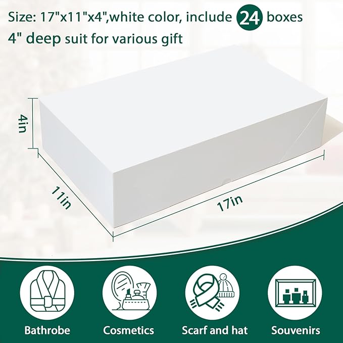 YANGTE 24 Premium Gift Boxes with Lids for Presents, Extra Large White Boxes for Wrapping Gifts, 4-inch Deep Clothing Gift Boxes for Robe, Sweater, Shirt and Christams Gift