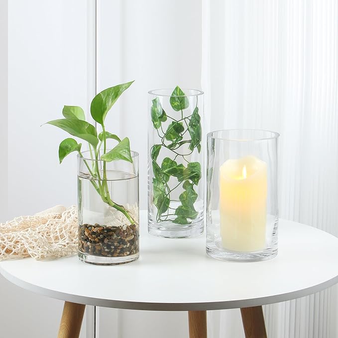 4" Wide 10" High Large Hand Blown Sturdy Clear Cylinder Glass Vase, Centerpiece Flower Vase for Rose, Tulip, Boquets, Hurricane Candle Holder (2, 4"x10")