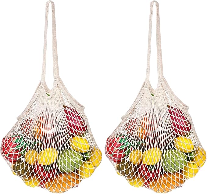 QUUPY 2Pcs Reusable Cotton Mesh Grocery Bags Long Handle Net Shopping Tote for Fruits Vegetables Produce Storage (White)