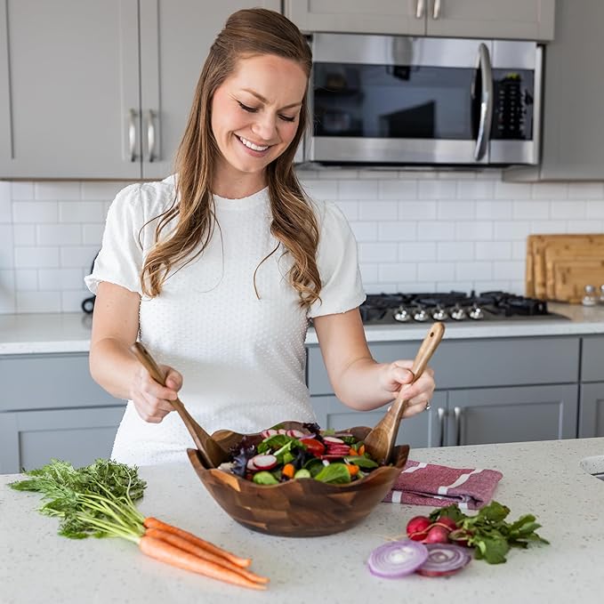 Wood Salad Bowl with Serving Utensils - Large Scalloped Decorative 12" Acacia Wooden Mixing Bowls Set with Spoons - Handcrafted Farmhouse Kitchen Serveware for Fruit, Pasta, Snacks and Home Decor
