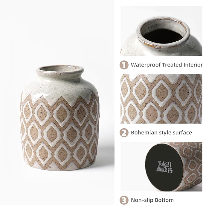 Boho Ceramic Vase, 6 Inch Rustic Farmhouse Pastoral Decor, Vintage Clay Vases for Bouquets, Pampas Grass and Fake Plants, Suitable for Home Decor, Shelf, Dining Table, Living Room, Mantle, Bathroom