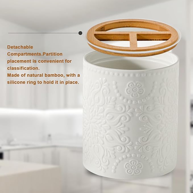 7" Relief Utensil Holder, Large Kitchen Utensil Holder Organizer , White Stable Utensil Crock Spatula Holder for Kitchen Counter Countertop Farmhouse Cooking Tools Holder with Bamboo Frame