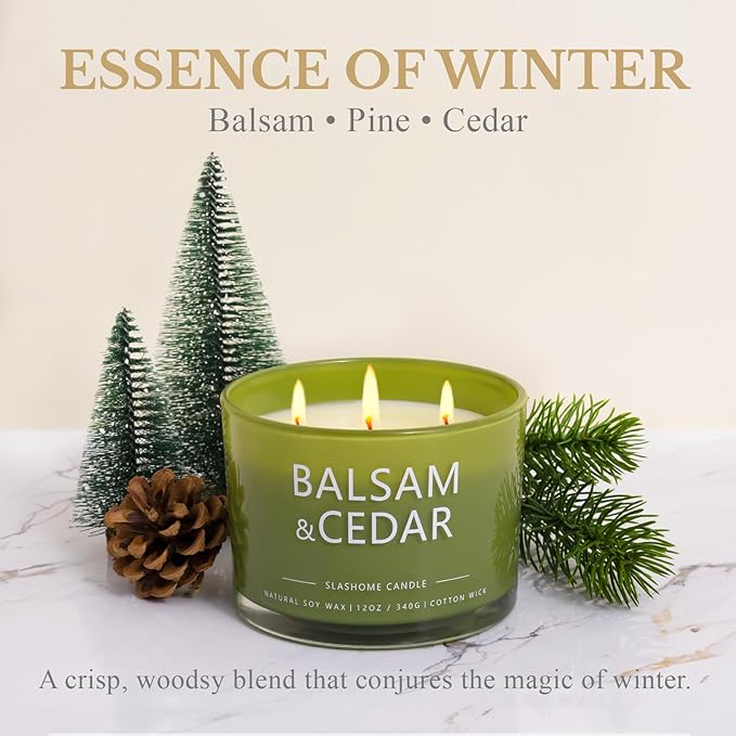 Balsam Cedar Candle, Large 3 Wick 12oz Soy Scented Candle, Luxury Christmas Birthday & Holiday Gift for Women & Men, Long Lasting 60+ Hour Clean Non-Toxic Burn, Elegant Winter Home Decor