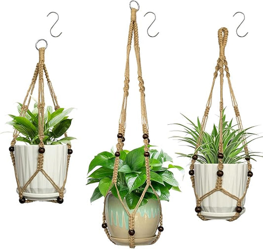 3 Pcs Macrame Plant Hangers,Indoor Different Size Hanging Planter Basket Flower Pot Holder with Beads,No Tassels Hanging Planter Basket with Wood Beads for Indoor Outdoor Home Decor