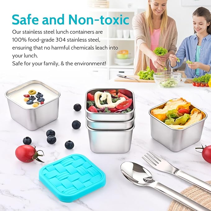 8PC 6oz Stainless Steel Snack Containers with lids, BPA-Free Metal Kids Snack Cups with Fork and Spoon, Leakproof Lunch Box Containers，Resuable Baby Food Storage Bowl