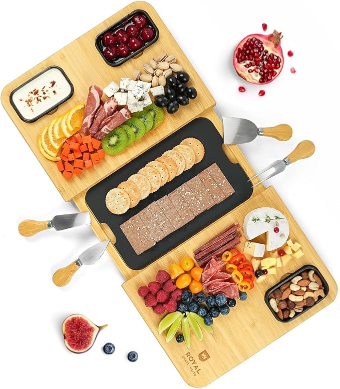 ROYAL CRAFT WOOD Extra Large Bamboo Charcuterie Boards - Large Charcuterie Board Set w/ 3 Sauce Bowls, 4 Knives & Slate Plate - Unique Cheese Board & Serving Tray - Ideal Housewarming Gift
