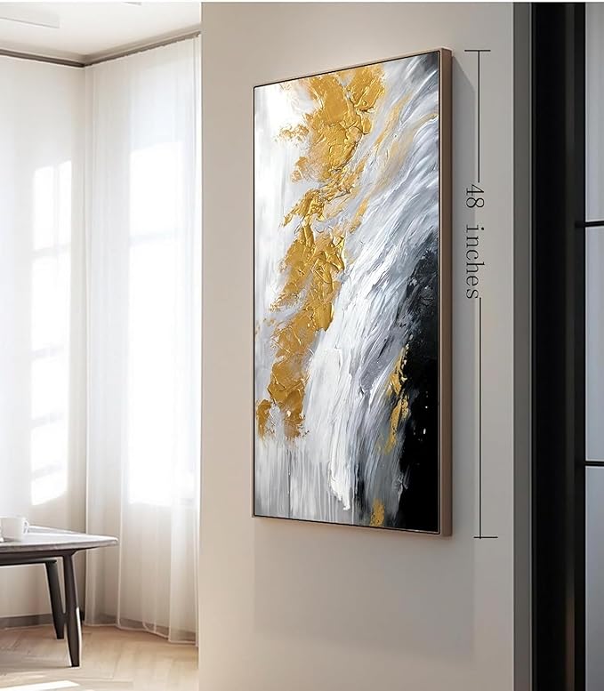 Hand-Painted Black and White Abstract Oil Painting on Canvas for Entrance-Hall, Framed Gold Wall Art for Living Room,Large 3D Wall Picture for Bedroom Kitchen Home Decoration 24x48inch