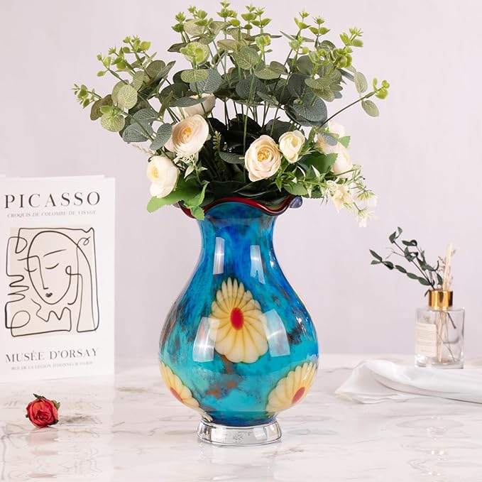 KAMMAK Colored Glass Vase, Beautiful Hand Blown Decorative Vase, Modern Art Vase for Flower Mantle Dining Table Centerpiece, Entryway Living Room Wedding Decoration, FH026