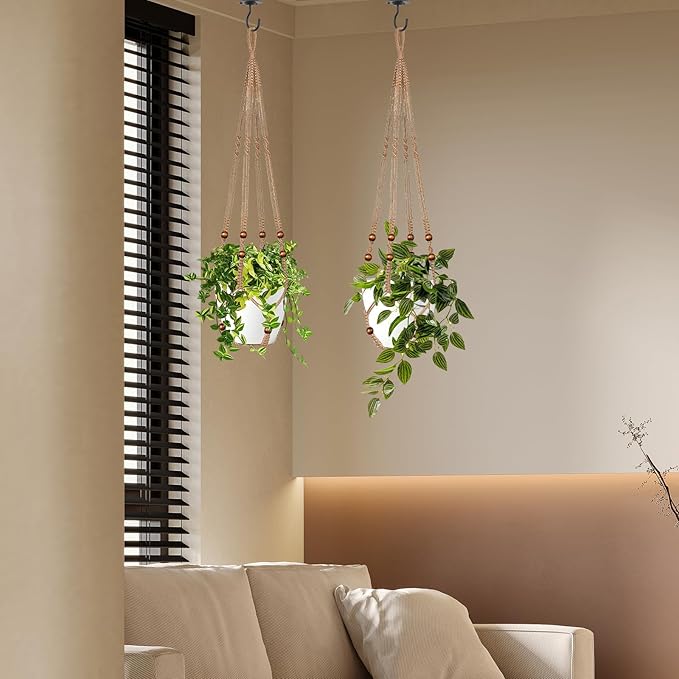 Jute Macrame Plant Hanger Indoor Set of 4 Hanging Planter Basket Flower Pot Holder with Decorative Wood Beads & No Tassels for Indoor Outdoor Boho Home Decor, 35 Inch Brown (Pots Not Included)