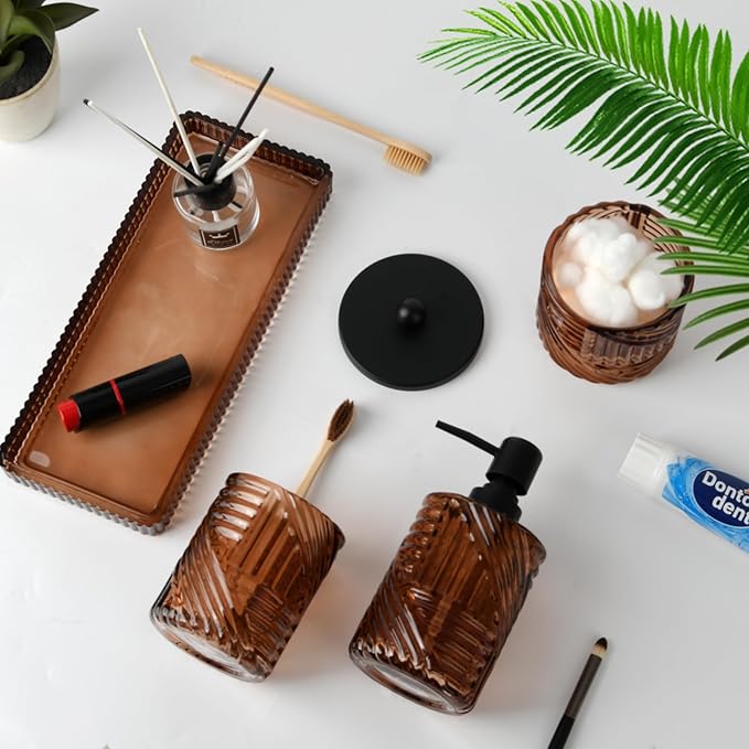 Bathroom Accessories Set,4 Pcs Amber Glass Bathroom Accessories Sets Complete with Lotion Soap Dispenser,Toothbrush Holder,Qtip Holder Dispenser and Vanity Tray,Bathroom Countertop Vanity Organizer