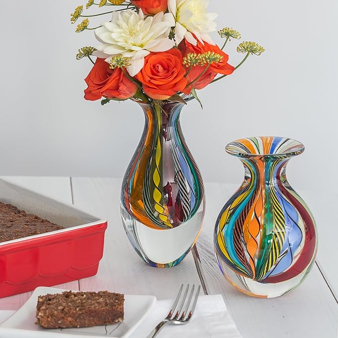 Ca D Oro Small Glass Vase Boho with Colored Canes Hand Blown Murano-Style Art Glass - Model Nº 2