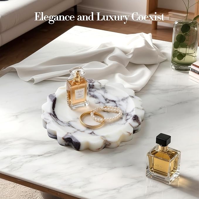 Calacatta Viola Scalloped Marble Tray, Natural Marble Jewelry Dish, Luxury Decorative Trays for Bathroom, Vanity, Dresser, Kitchen & Home Decor, House Warming Gifts New Home (Round, 6.3Inch)