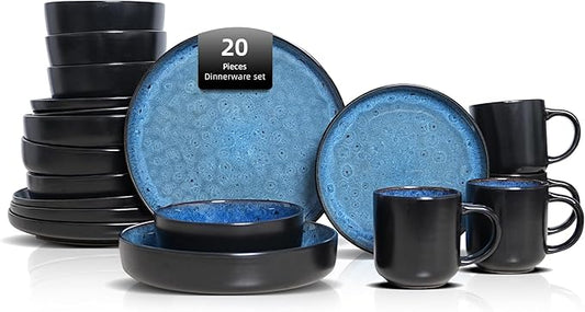 HomeVss 20-Piece Dinnerware Set - Serves 4, Reactive Glaze Bubble Blue Plates & Bowls Set | Microwave & Dishwasher Safe