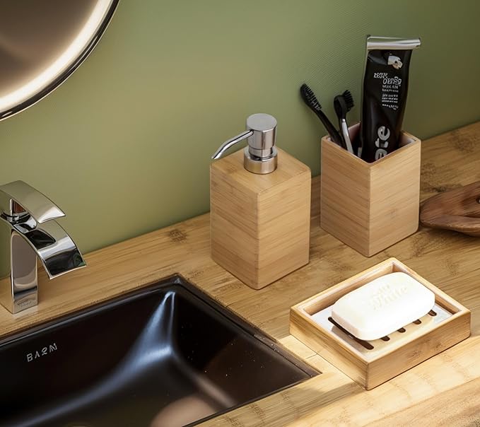 Bamboo Bathroom Accessories Set, 3 Pcs Wood Bathroom Accessories Soap Dispenser, Toothbrush Holder, Soap Dish, Kitchen Soap Dispenser Set for Home Decor, Housewarming Gift