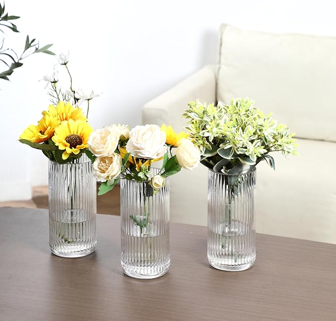 Clear Glass Vases, Flower Vases Set of 3, Ribbed Glass Vase for Tulips, Tall Cylinder Glass Vases for Living Room, Bedroom, Dining Table, Office, Wedding, Bookshelf Decoration, 8 Inches