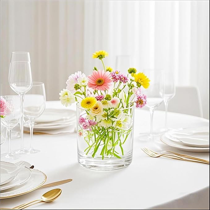 6" Wide 6" Tall Large Hand Blown Sturdy Clear Cylinder Glass Vase, Centerpiece Flower Vase for Rose, Tulip, Boquets, Hurricane Candle Holder (1, 6"x6")