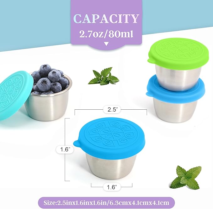 6x2.7 Oz Salad Dressing Container to Go,Handy Leakproof Stainless Steel Meal Prep Containers Reusable,Sauce Containers for Lunch Box, Picnics, Travel, Office and Kitchen Storage