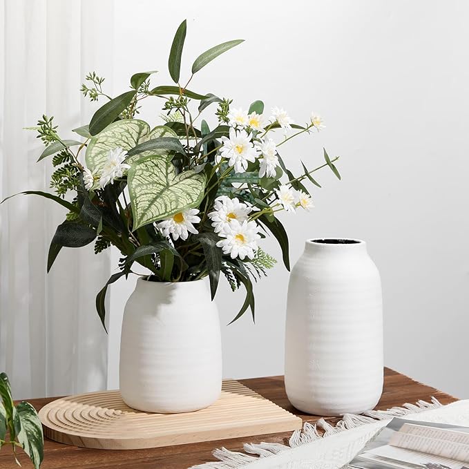 Briful White Ceramic Vase for Dried Flowers – 7.1” Short Ribbed Modern Vase with 3.7” Wide Opening, Minimalist Farmhouse Table Centerpiece, Boho Home Decor for Pampas Grass, Bookshelf & Mantel Styling