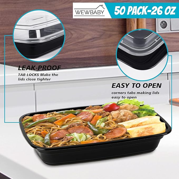 Meal Prep Container, 26 oz [50 Pack]-Single 1 Compartment Food Meal Prep Containers Reusable, BPA Free Extra-thick disposable Food Storage Containers with Lids Microwave Dishwasher Freezer Safe