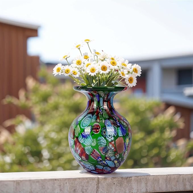 Hand Blown Glass vase, Colorful Glass Decorative vase, Glass Art Green vase for Bookshelf Coffee Table Floor Mantelpiece Entry Table top TV Stand and Dining Table Centerpiece Decorative vase.