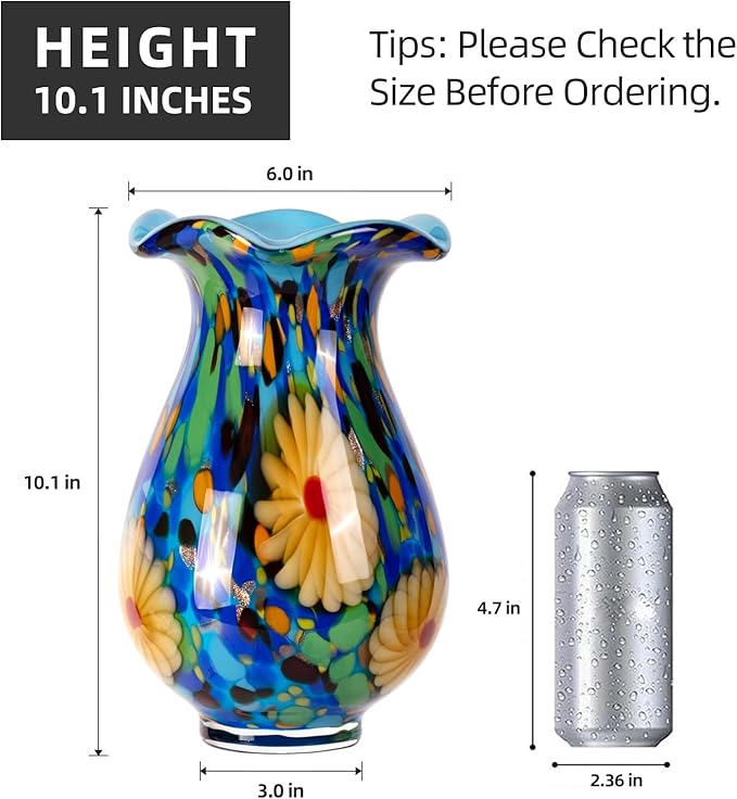 KAMMAK Colored Glass Vase, Beautiful Hand Blown Decorative Vase, Modern Art Vase for Flower Mantle Dining Table Centerpiece, Entryway Living Room Wedding Decoration, FH027
