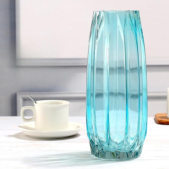 Modern Ribbed Blue Glass Vase for Flowers, Candles, and Decorative Accents - Tall/Short for Centerpieces and Table Decor (12.0inch)