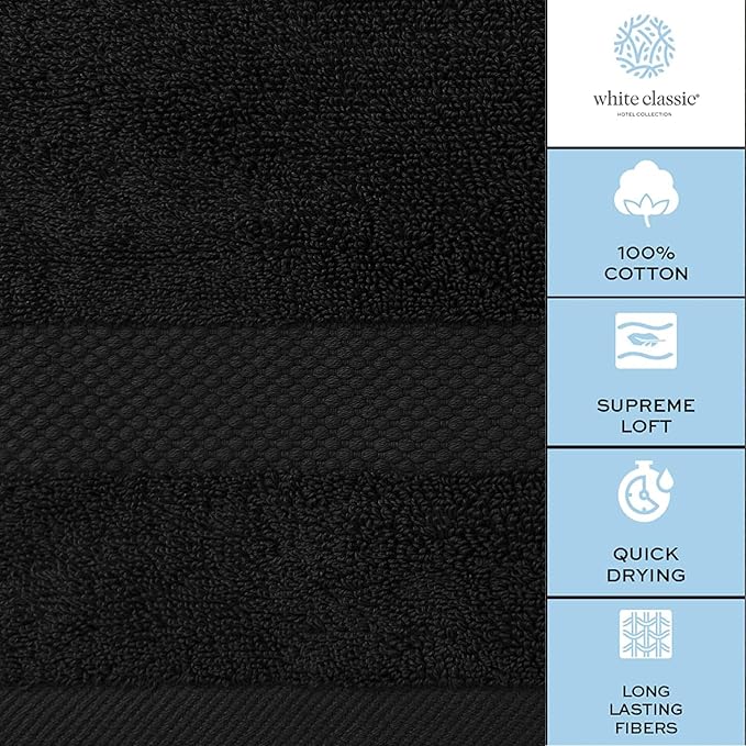 White Classic Luxury Black Hand Towels - Soft 100% Turkish Cotton | Highly Absorbent Hotel spa Bathroom Towel Collection | 16x30 Inch | Set of 6