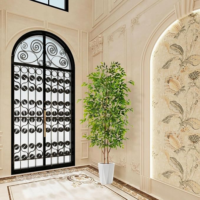 8ft Artificial Ficus Tree, 96” Realistic Ficus Leaves Large Fake Plant with Basket, Indoor Outdoor Potted Faux Tree for Home Garden Office House Livingroom Décor