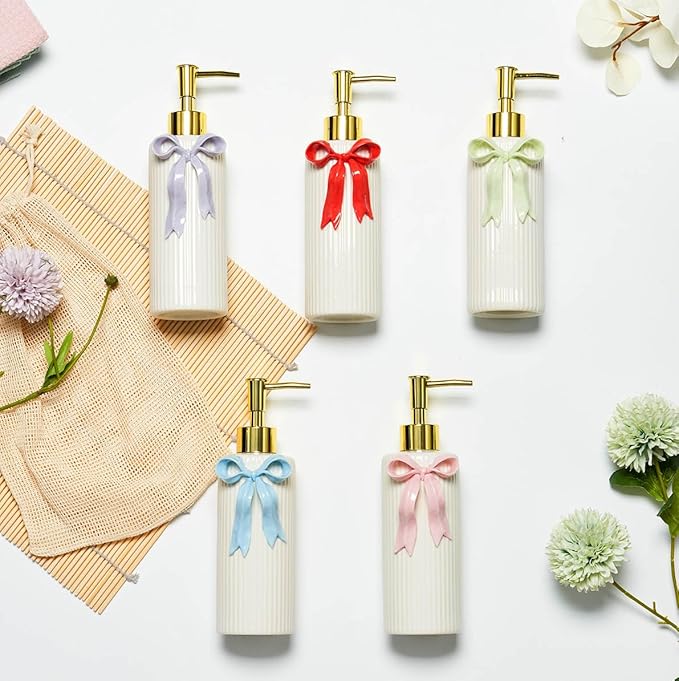 Handmade Ceramic Bow Soap Pump Dispenser Hand Lotion Liquid Dispenser Refillable for Kitchen and Bathroom Decorative (Ribbon Red)