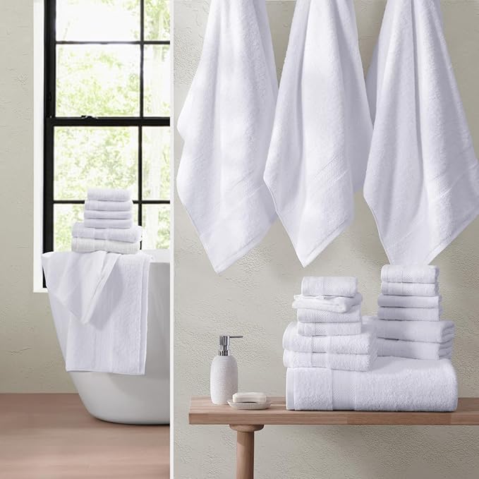 LANE LINEN 100% Mercerized Cotton Luxury Bathroom Towel Set - 16 Pcs - Super Soft, Fluffy & Highly Absorbent - 4 Bath Towels, 8 Washcloths, 4 Hand Towels - Complete Family Pack - White Bath Towel Set
