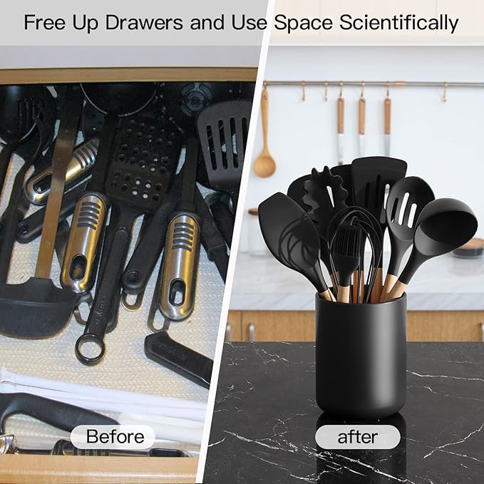 Black Kitchen Utensil Holder for Countertop, Large 7.2 Matte Ceramic Cooking Utensil Crock for Counter Easy to Clean, Modern Spatula Holder for Farmhouse Décor 7.2×5.8 INCH