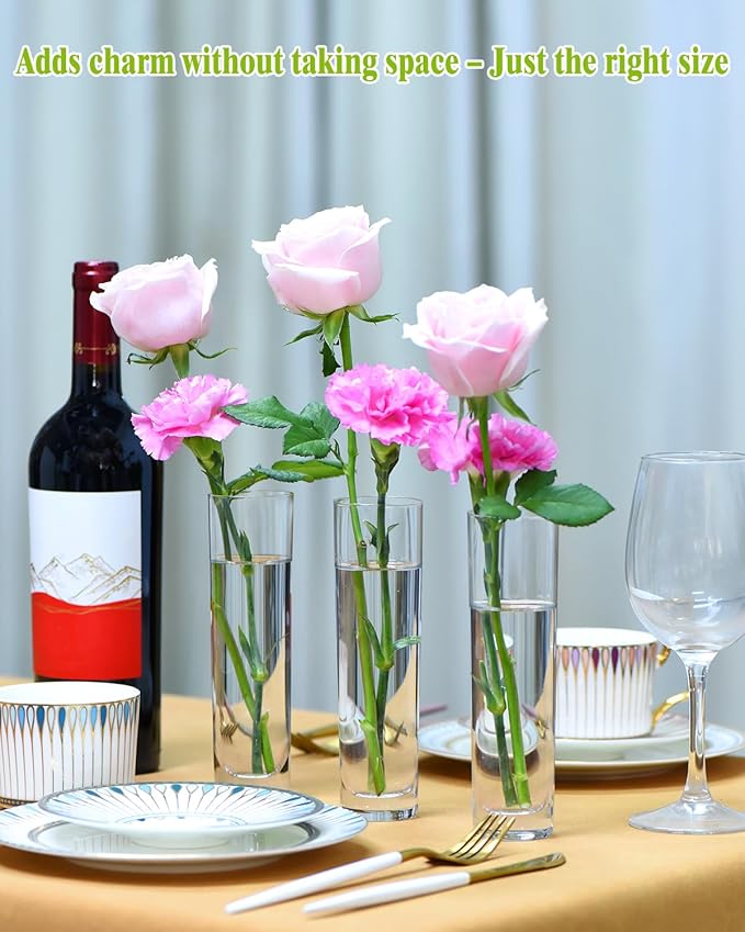 Glass Cylinder Vases for Centerpieces – Set of 16 Handmade Clear Flower Vase 7.48 Inches Tall,Wedding Table Decor for Single Rose Bud Vases,Small Vases Home Decor,Floreros,1 Brush