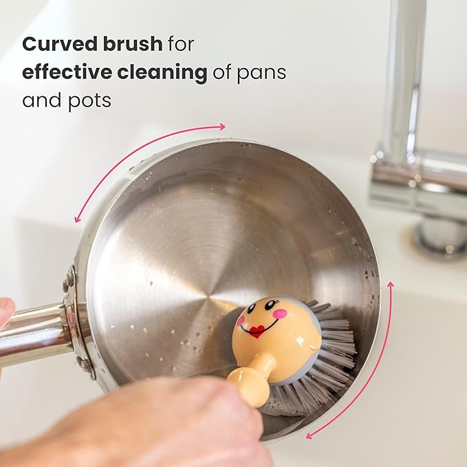 Vigar Dolls Dish Brush with Ergonomic Handle and Dress-Shaped Brush Holder, Dish Brush with Handle for Kitchen Dishes and Sink Cleaning, Pink, Gray