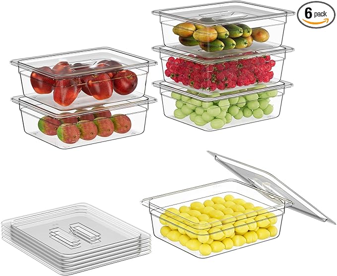 1/2 4'' 6 Pack Plastic Food Pans With Lids, Clear Food Pan, Commercial Stackable Polycarbonate Freezer-Safe for Fruits Vegetables Restaurant Kitchen