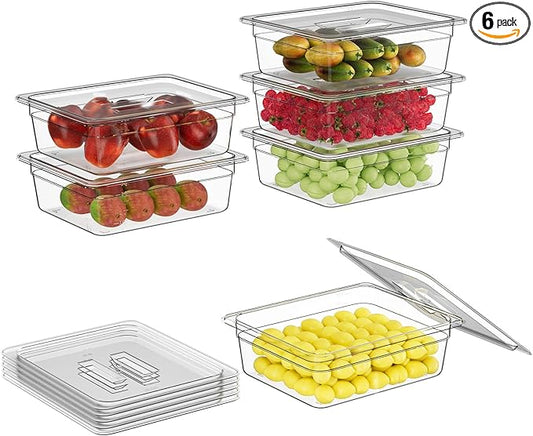 1/2 4'' 6 Pack Plastic Food Pans With Lids, Clear Food Pan, Commercial Stackable Polycarbonate Freezer-Safe for Fruits Vegetables Restaurant Kitchen
