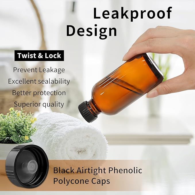 35 Pack 4oz Amber Glass Boston Round Bottles with Polycone Leak-Proof Phenolic Caps – Brown Airtight Refillable Containers for Homemade Vanilla Extract, Essential Oils, Herbal Medicine, and Syrups