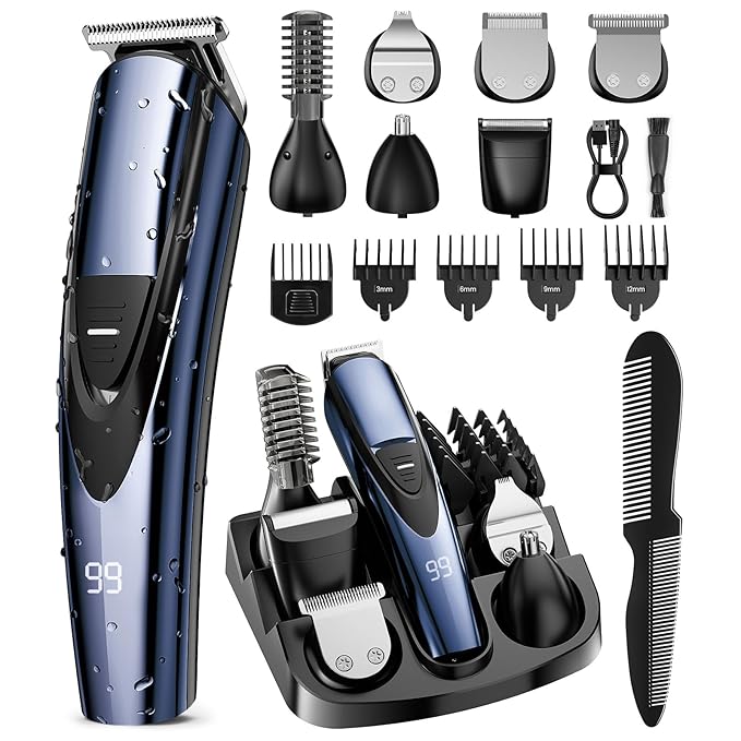 SHPAVVER Beard Trimmer for Men: Professional Barber Hair Clippers - 12-in-1 Cordless Grooming Kit - Waterproof Electric Razor with Turbo Speed & Precision Blades, Blue