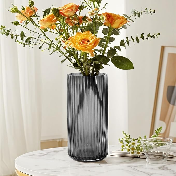 Modern Glass Vase 10 Inch Tall Grey Vases for Flowers-Thick Glass Cylinder Ribbed Vases for Bouquet, Table, Kitchen Shelf, Countertop, Decorative Flower Vase for Home Decor Living Room