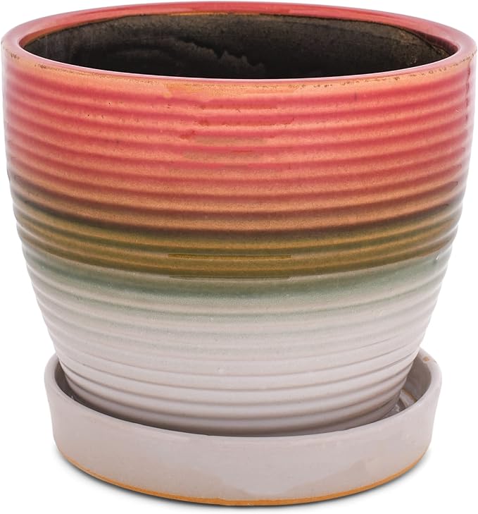 Napco Ribbed Gradient Red, Brown, and Green 4 Inch Ceramic Flower Pot Planter with Saucer
