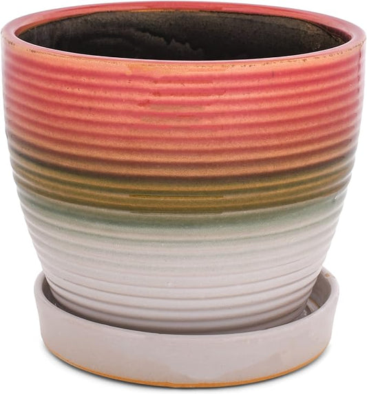 Napco Ribbed Gradient Red, Brown, and Green 4 Inch Ceramic Flower Pot Planter with Saucer