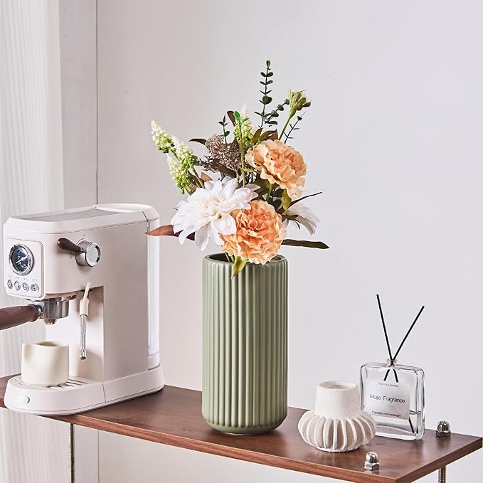 Green Ceramic Flower Vase for Pampas Grass, 10 inch Large Decorative Centerpiece Ribbed Vase for Dining Table, Office Desktop, Shelf Bookshelf, Mantel, Entryway, Bathroom, Countertop, Farmhouse, Gift