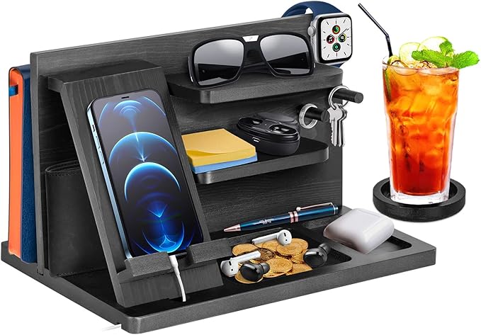 Gifts for Men Bedside Organiser Wood Phone Docking Station Dad Birthday Gifts for Him Nightstand Key Wallet Watch Stand Mens Gifts for Xmas Presents for Dad Husband Boyfriend Anniversary & Christmas