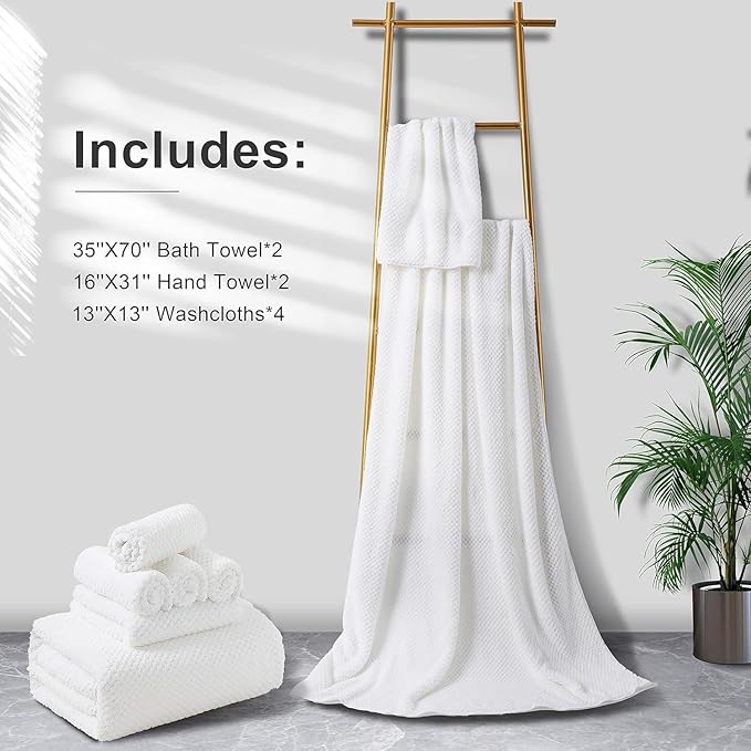 8pcs Bath Towel Set, 2 Extra Large Bath Towel Sheets, 2 Hand Towels and 4 Washcloths- Highly Absorbent Microfiber,Ultra Soft Towel Set for Bathroom,Waffle Weave Design, Pack of 8 (White)