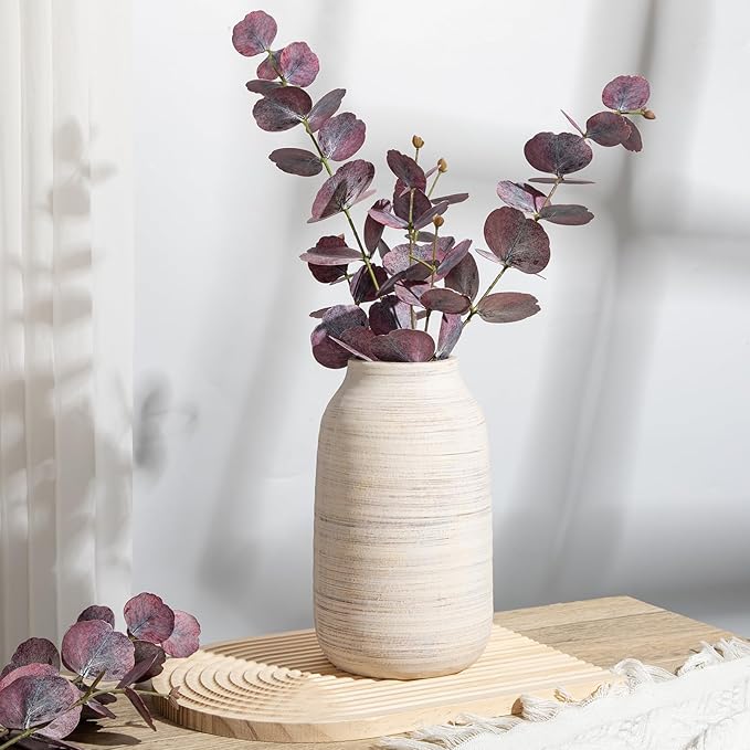 Briful 9.6in Large Rustic Shabby White Ceramic Vase,Vintage Farmhouse Flowers Vase,Shabby Terra Cotta Vase, Antique Pottery Decorative Pampas Vase for Home Office Table Shelf Mantel Porch Decorations