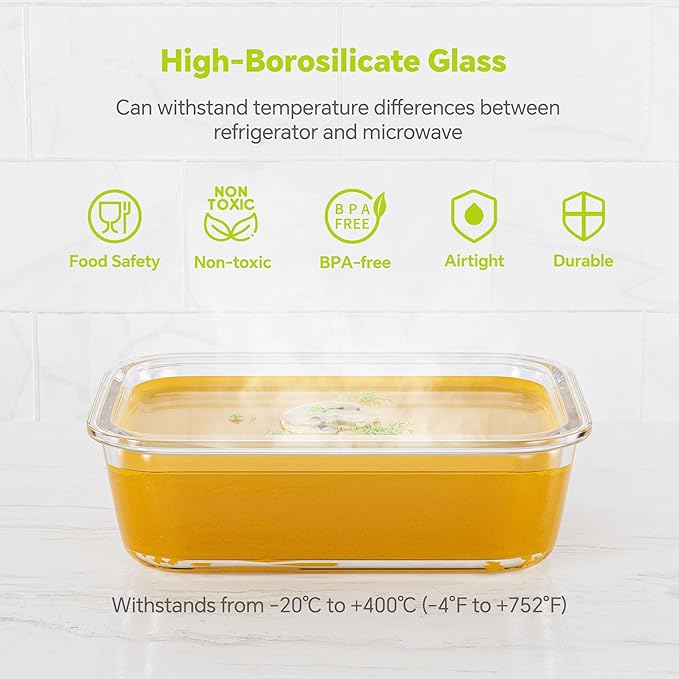 5-Pack 35 oz Borosilicate Glass Food Storage Containers with Lids, Stackable Airtight Glass Meal Prep Containers for Lunch & Leftover, BPA-Free & Leak Proof, for Microwave, Oven, Dishwasher