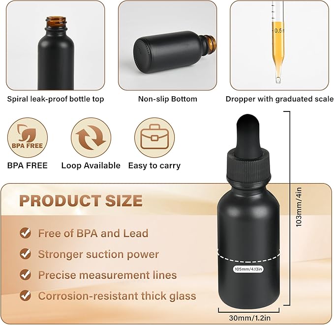 12 Pcs, 1oz Dropper Bottle, Black Glass Eye Dropper Bottle, Tincture Bottles with Dropper, Pretty Finish, Leak-Proof Design, Stronger Suction for All Kinds of Mixed Liquids