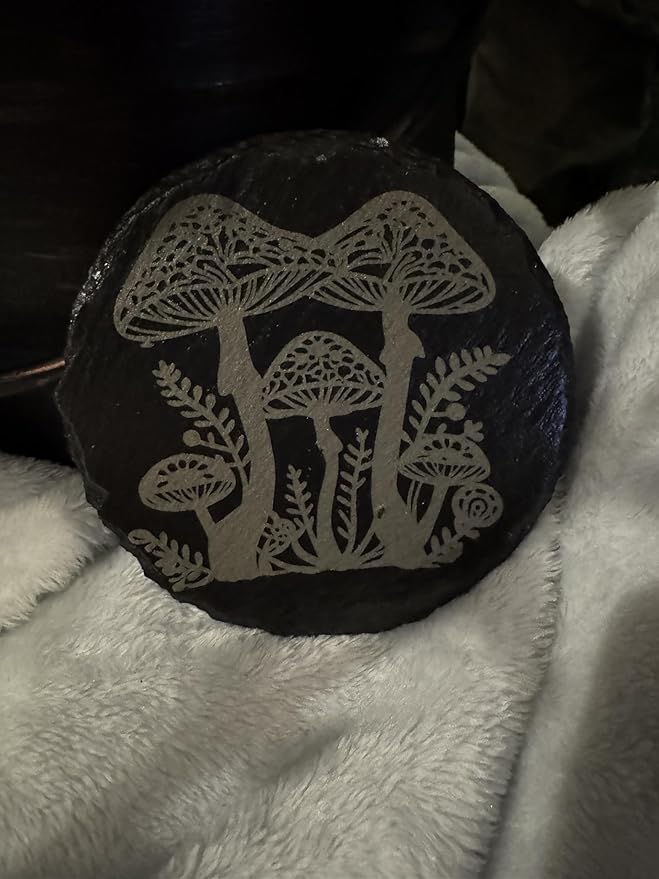 Mushroom Engraved Slate Coaster Set, Natural Stone with Butterfly and Floral Design, Round Shape, Set of 4